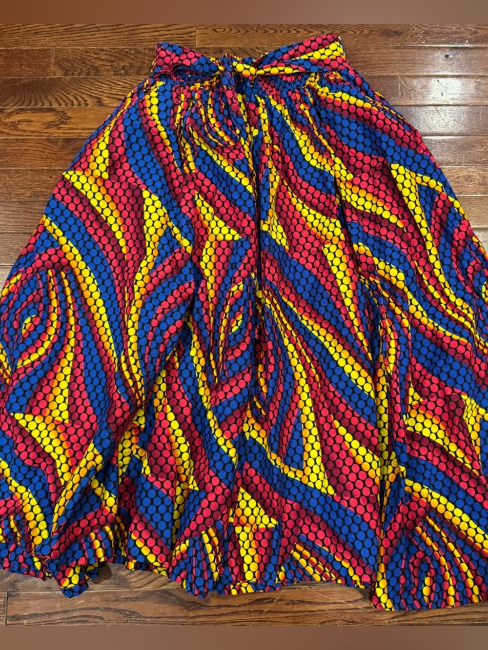 Vintage Bright Bold Full Maxi Skirt Pink Blue Black Yellow Smoked Tie Belt Waist